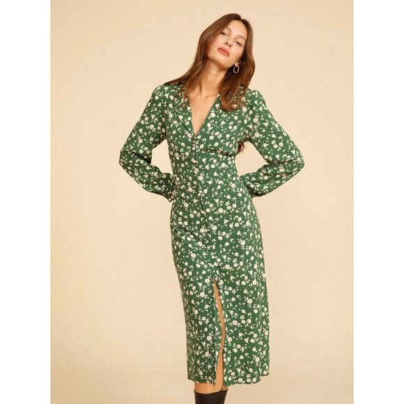 💕ROUJE💕 Clementine Midi Dress ~ Meme Roses Vert Green Floral Print 36 NWOT - Picture 5 of 16